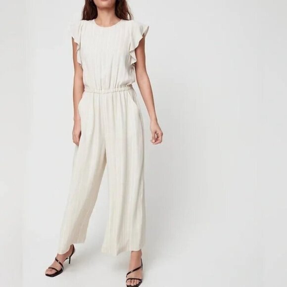 Aritzia Wilfred Fleurette Ruffled Wide Leg Jumpsuit Striped Cream Size Small - Picture 3 of 9